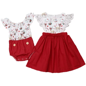 

Kids Baby Girl Christmas Sister Matching Clothes Romper Lace Dress Outfit Set[Christmas Deer Dress,6T]