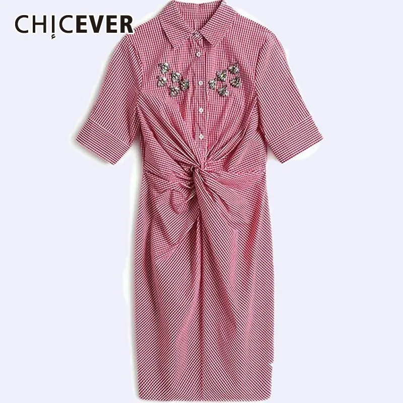 

CHICEVER Summer Casual Plaid Patchwork Diamonds Women Dress Lapel Short Sleeve Button Draped Knee Length Striaght Dresses 2019
