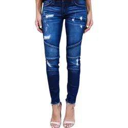 Кошки Женская мода потертые плиссированные эластичные узкие джинсы женские повседневные вареные брюки джинсовые брюки большие размеры