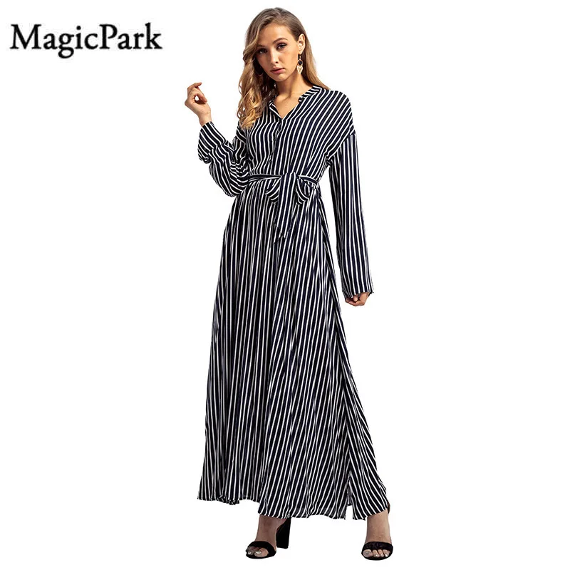 MagicPark S-XL женская мусульманская одежда полосатая повязка Длинные рукава Макси