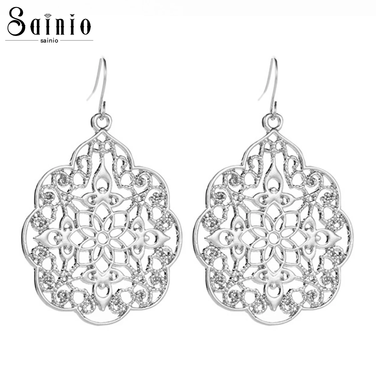 

Vintage Antique Rose Gold Silver Black Hollow Flower Metal Hook Earrings Bohemian Alloy Earring Brincos for Women Jewelry