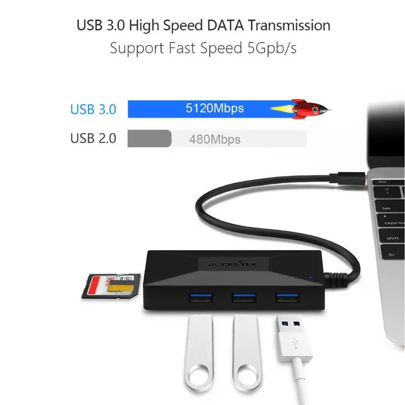 

Rocketek 5 in 1 USB C Hub Type-C to 3 USB3.0 Adapter Memory Card Reader for MacBook Huawei Mate 20 P20 Pro Newest