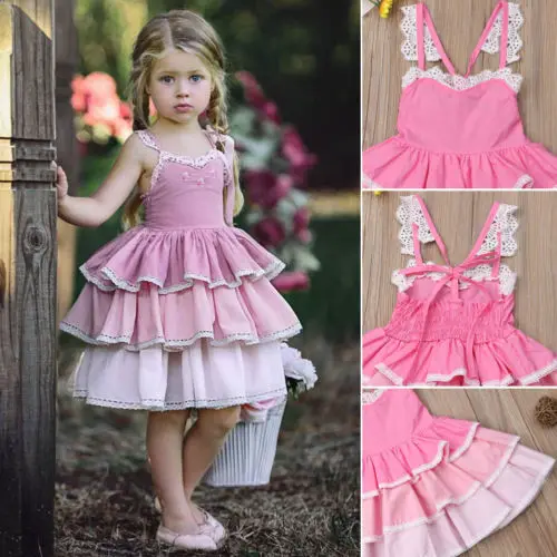 

Kids Baby Flower Girl Children Cute Lace Princess Pink Dress Girls Sleeveless Birthday Ruffles Party Cotton Dresses