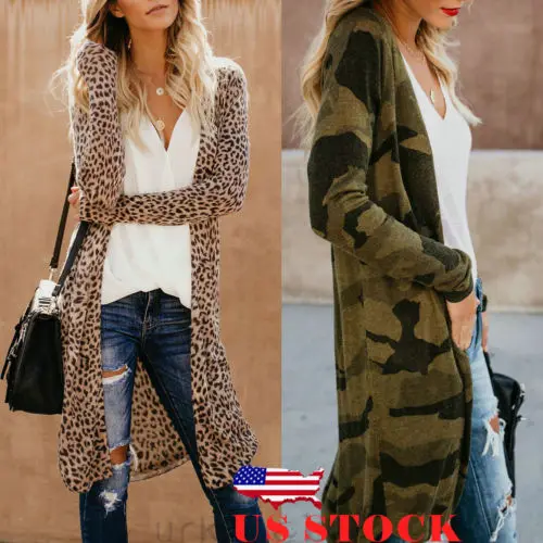 

US Women Loose Long Sleeve Cardigan Leopard Kimono Shawl Tops Blouse Coat Jacket