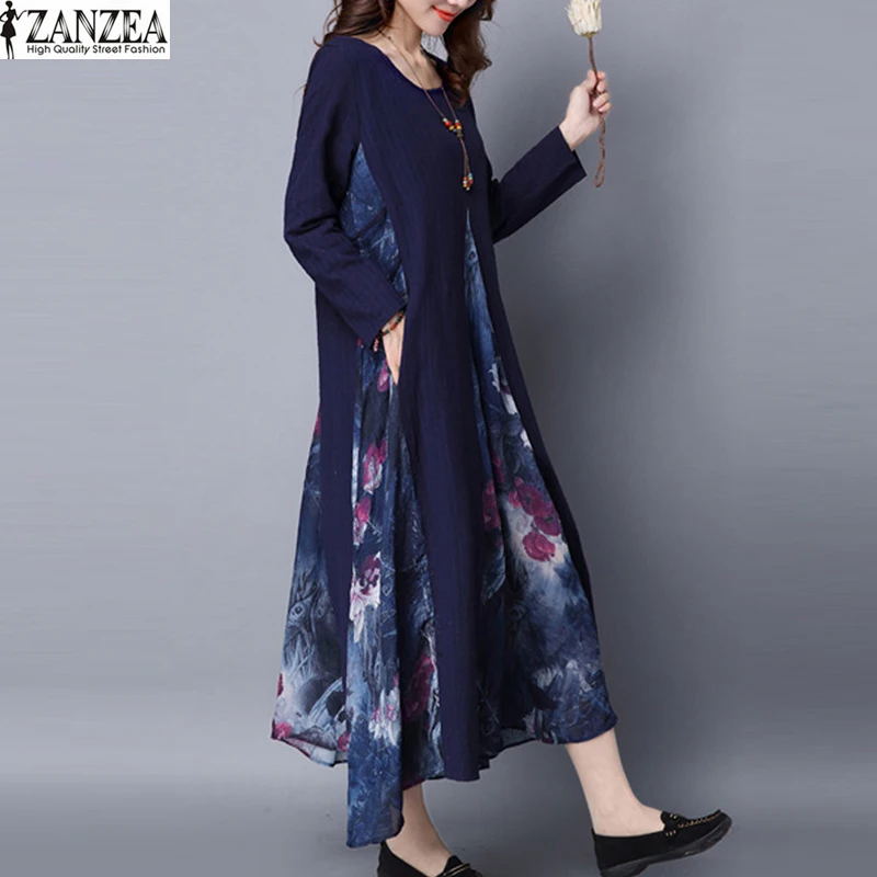 ZANZEA весеннее женское шифоновое платье с цветочным принтом, элегантное хлопковое льняное платье с длинным рукавом, вечерние платья, туника, M-5XL