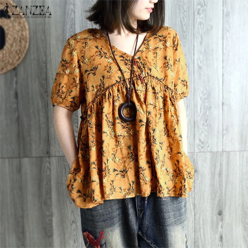 

ZANZEA Summer Women V Neck Short Sleeve Vintage Blouse Floral Printed Ruffles Shirt Casual Robe Party Top Blusas Chemise