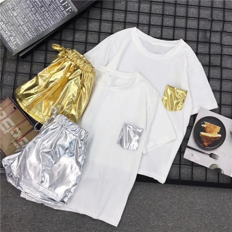 Women Hip Pop Style 2 Piece Set White T shirt Elastic Waist Casual Shorts Summer Tracksuits Sporting shiny Shorts Party Outfits