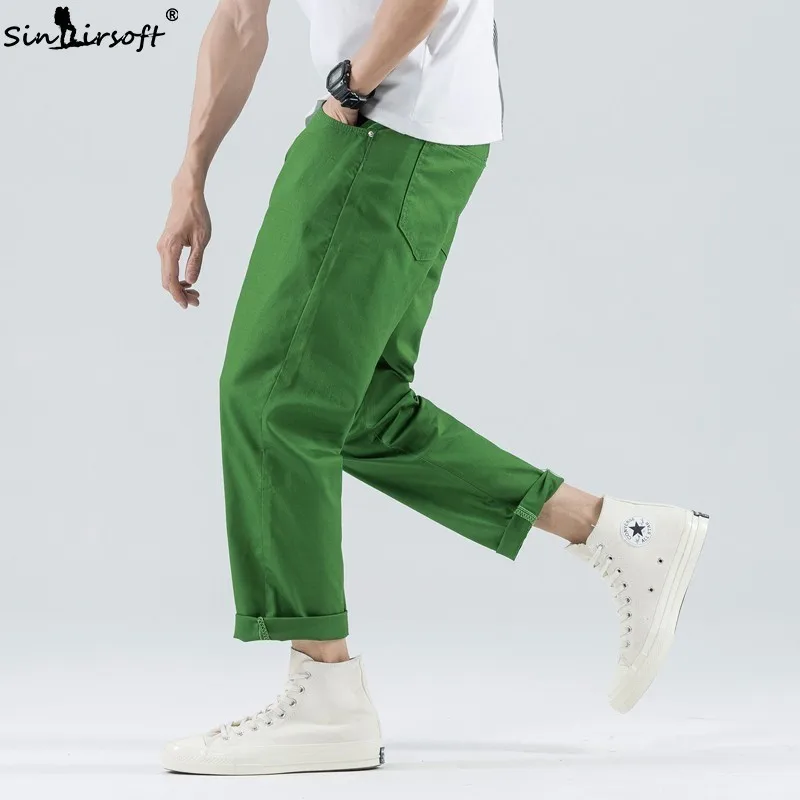 

SINAIRSOFT Men's Summer Wide Leg Pants Casual Nine Pants Solid Color High Quality Cotton Casual Pants Loose 27 35 36 Fashion