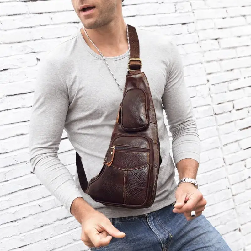 

High Quality Men Genuine Leather Cowhide Vintage Casual Men Solid Shoulder Crossbody Bags Leather Travel Chest Waist Hand Bags