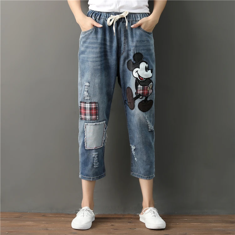 

Embroidered Mickey Mouse Jeans Woman Ripped Boyfriend Jeans For Women Mom Distressed Patchwork Baggy Jeans Elastic Denim Pants