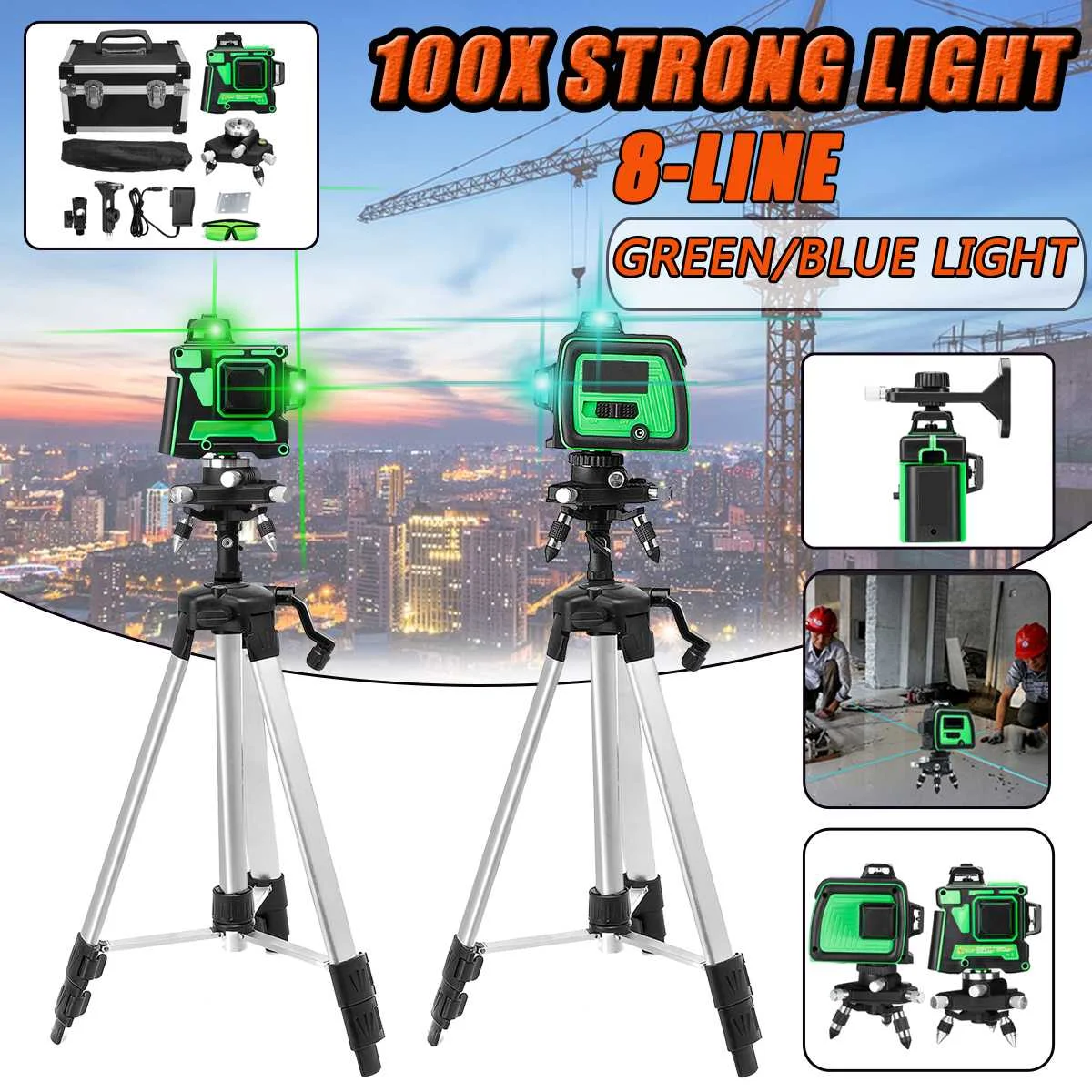 

8 Line 100X Strong Green/Blue Light 3D Laser Level Outdoor Indoor Automatic Self Leveling 360 Vertical Horizontal Cross w/Tripod