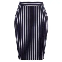 KK женщины Pinstripe шаблон Высокая талия хлопок Bodycon молния карандаш юбки