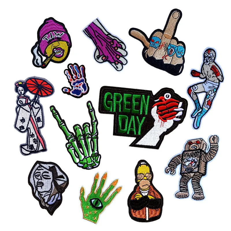 

PGY Hip hop Embroidery Patches for Clothing Iron On Middle Finger Smoking Appliques Green Day Patches Diy Garment Decor Stickers