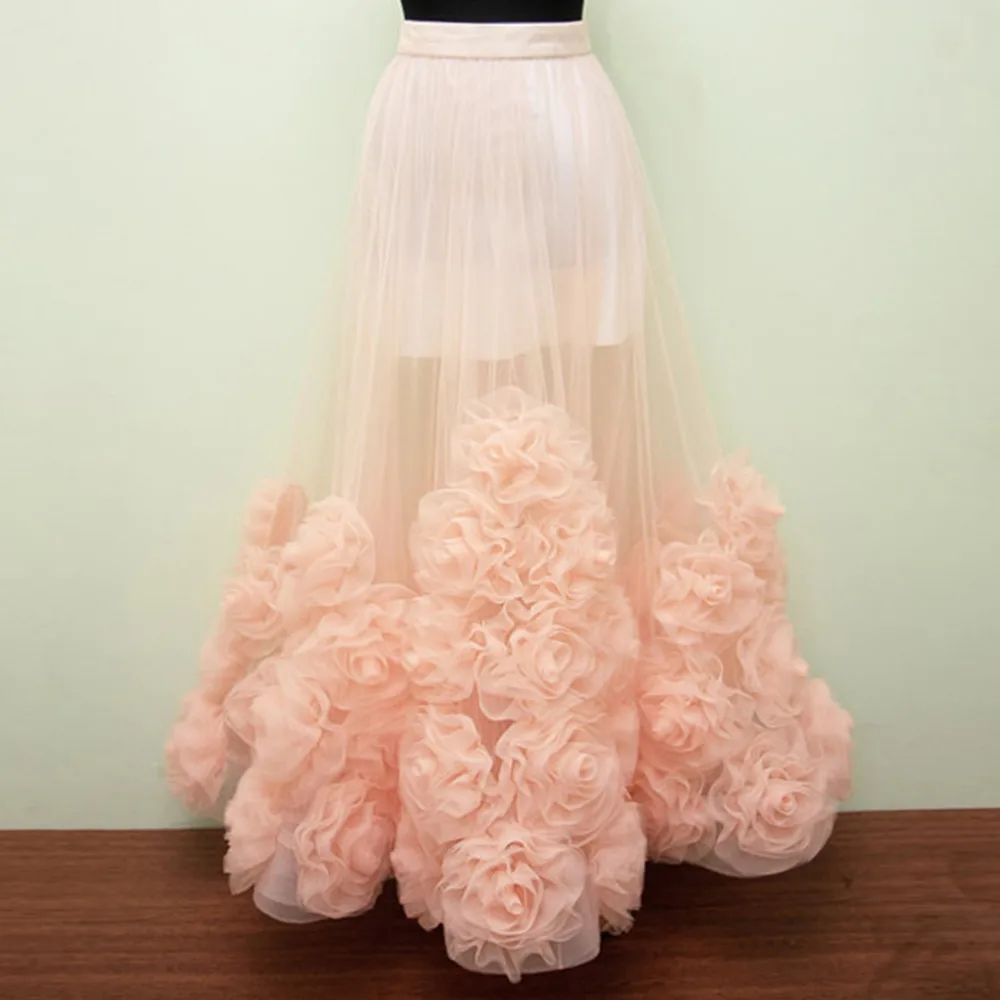 Высокое качество цветок персика ручной работы Sheer Длинные юбки для женщин для Индивидуальный заказ Цветок Ручная молния стиль Лолита юбка