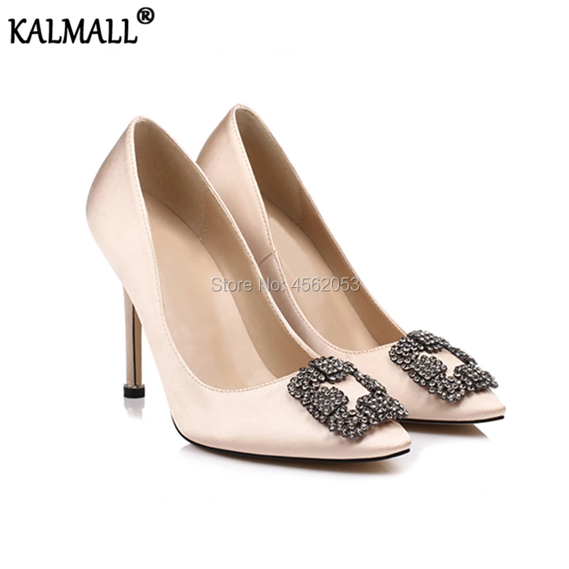 

KALMALL Elegant Pointed Toe 10cm High Heel Pumps Ladies Shoes Slip On Tacones Mujer Square Crystal Buckle Silk Heels for Wedding