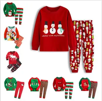 

New 2Pcs Christmas kids pajamas sets Boys and girls clothes cartoon long sleeve T-shirt+Pants QW13