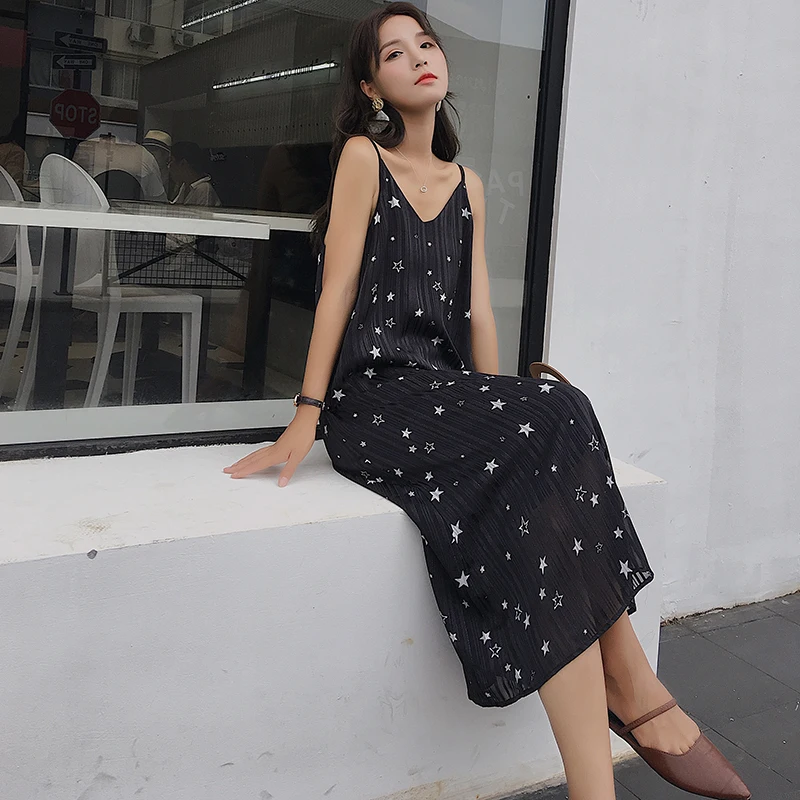 

fashion Bohemian style stars chiffon dress fashion printing long beach loose slimming V-neck seaside holiday long dress Female
