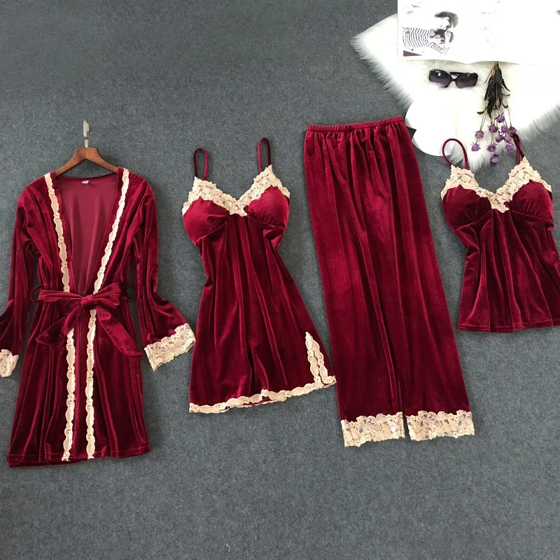 

Lisacmvpnel Autumn And Winter New Gold Velvet 4 Pcs Pajamas Sexy Lace keep Warm Cardigan+Nightdres+Pant Pajama Sets For Women