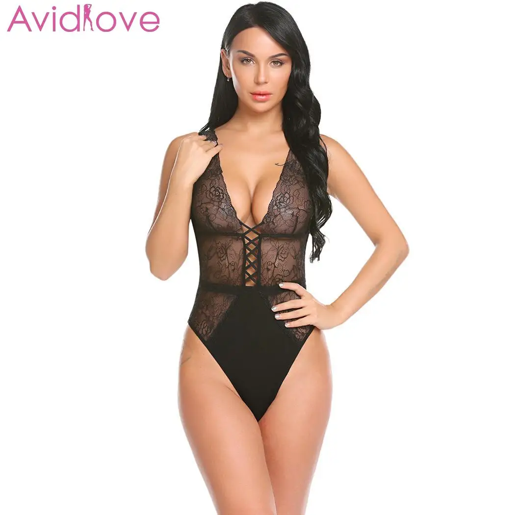 

Avidlove Bodysuit Sexy Lingerie Sleepwear Women Sexy V-Neck Sleeveless Lace Floral See Through Lingerie Sleepwear Bodysuit