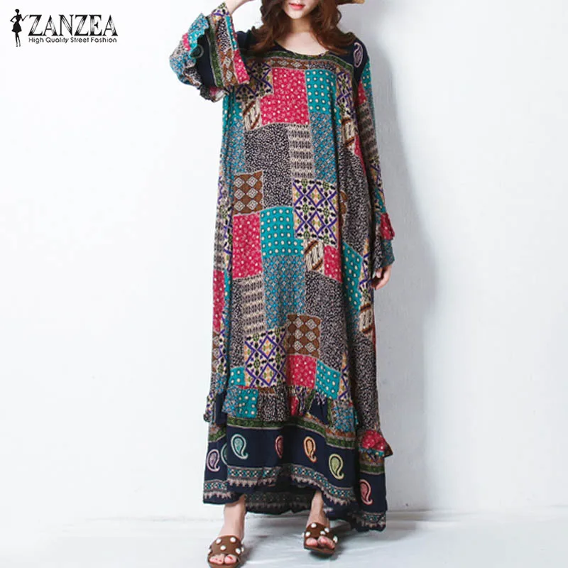 ZANZEA Women Retro Floral Print Autumn O Neck Butterfly Sleeve Casual Party Flouncing Long Dress Vestido With Belt Plus Size