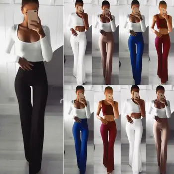 

New Women High Waist Long Slim Flared Pants Wide Leg Bell Bottom Work Trousers