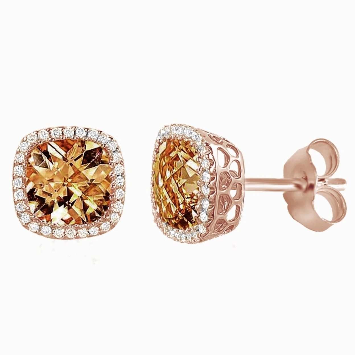 14 K Rose Gold Покрытие Подушка морганит Серьги 4-кольцо с крапановой закрепкой камня