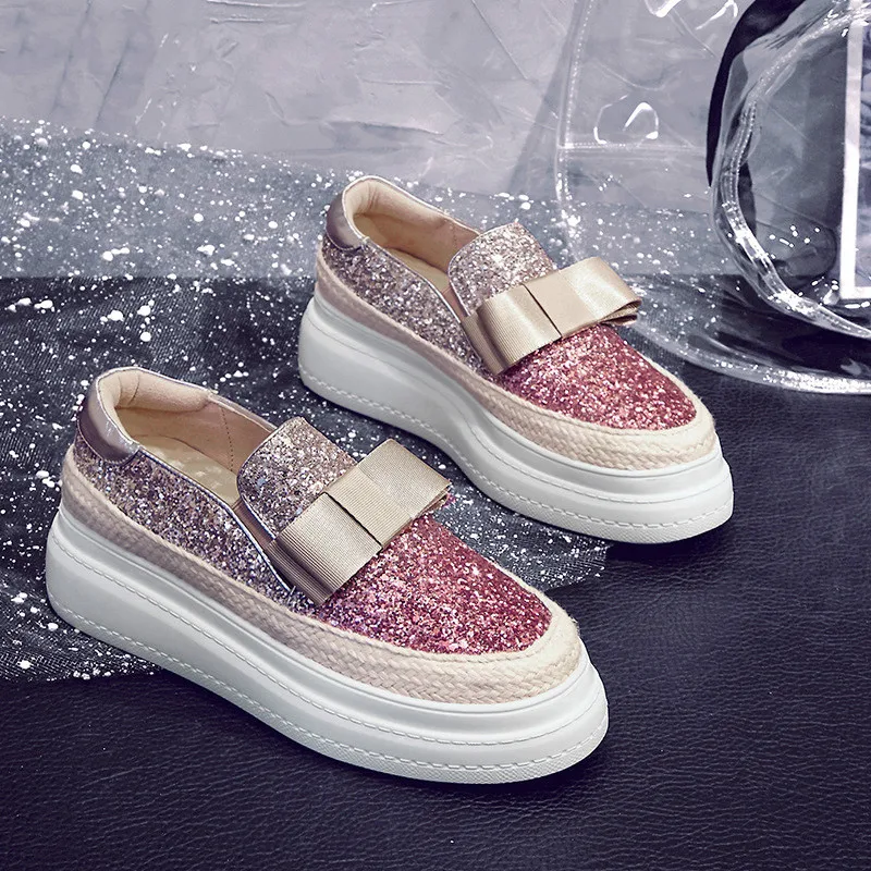 

SWONCO Fashion Bling Shoes Women Sneakers 2019 Spring Genuine Leather Thick Bottom Female Loafers High Heel Platform Casual Shoe