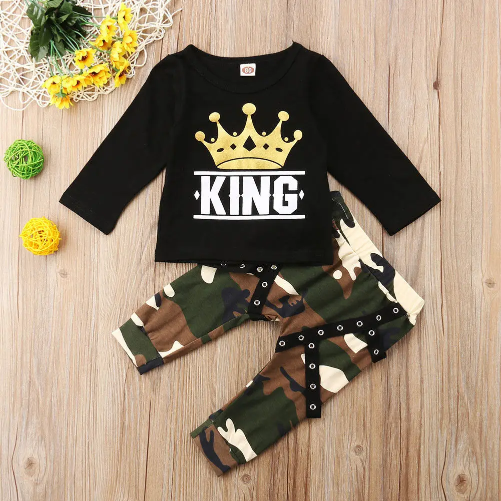 2PCS Toddler Baby Kids Boys Long Sleeve Crown Pattern T-shirt Camo Pants Outfits Set Infant Boy 0-5T |