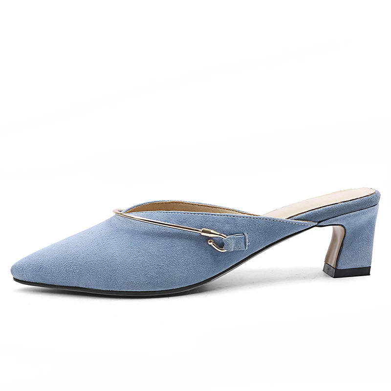 

Genuine Leather Blue Women Mules Pointed-toe Summer Style Slippers 5.5 CM Chunky Heels Sexy Woman Pumps Box packing 18227