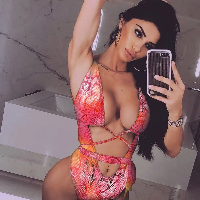 

Womens One-Piece Bathing Suit Snake Skin Printed Swimsuit Bandage Hollow Bikini Push-up Padded Bra Swimwear Women