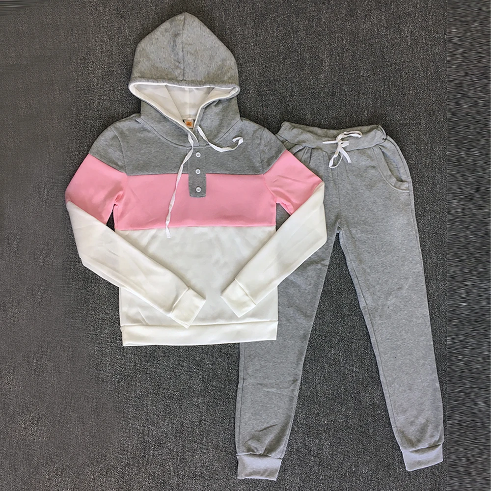 

2Pcs Women Hoodies Sports Tops + Pants Tracksuit Sweatshirt Sweat Suit Jogging Set contrast color auutmn fall casual pants lady