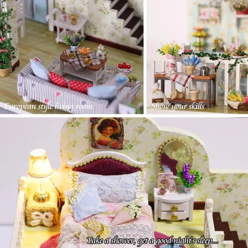 Wooden DIY Dollhouse Model Miniature Furniture Doll House Village Assemble Kit Toys Handicraft Assembly Building House Toy Gifts