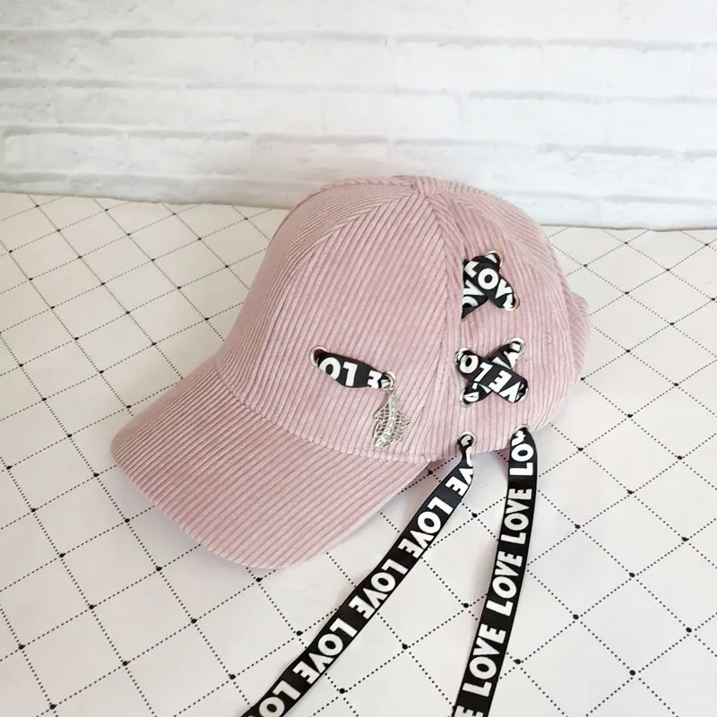 2018 New Smiley Faces Letters Embroidery Corduroy Baseball Caps Women's Autumn Winter Winters Long Belts Zipper Caps