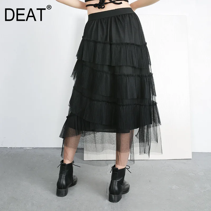 

[DEAT] 2019 New Spring Summer High Elastic Waist Black Elastic Waist Net Yarn Pleated Cake Half-body Skirt Women Fashion 1C01