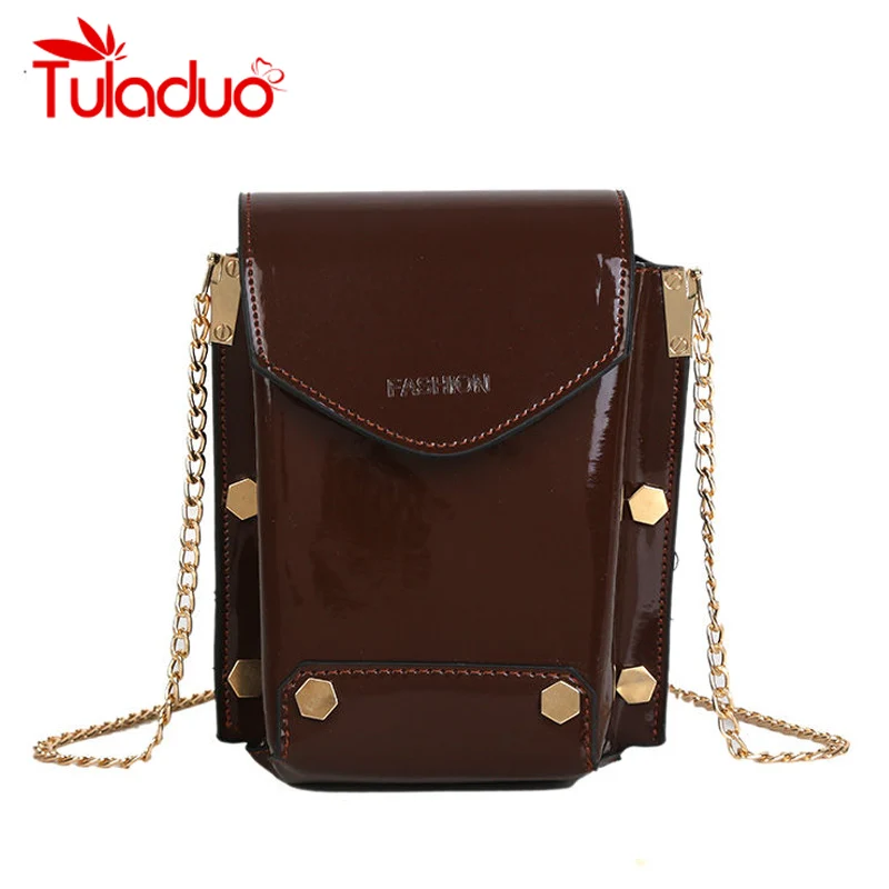 

High Quality Patent Leather Women Mini Phone Purse Bags Chain 2019 Small Shoulder Crossbody Bags Luxury Rivet Design Sac A Main