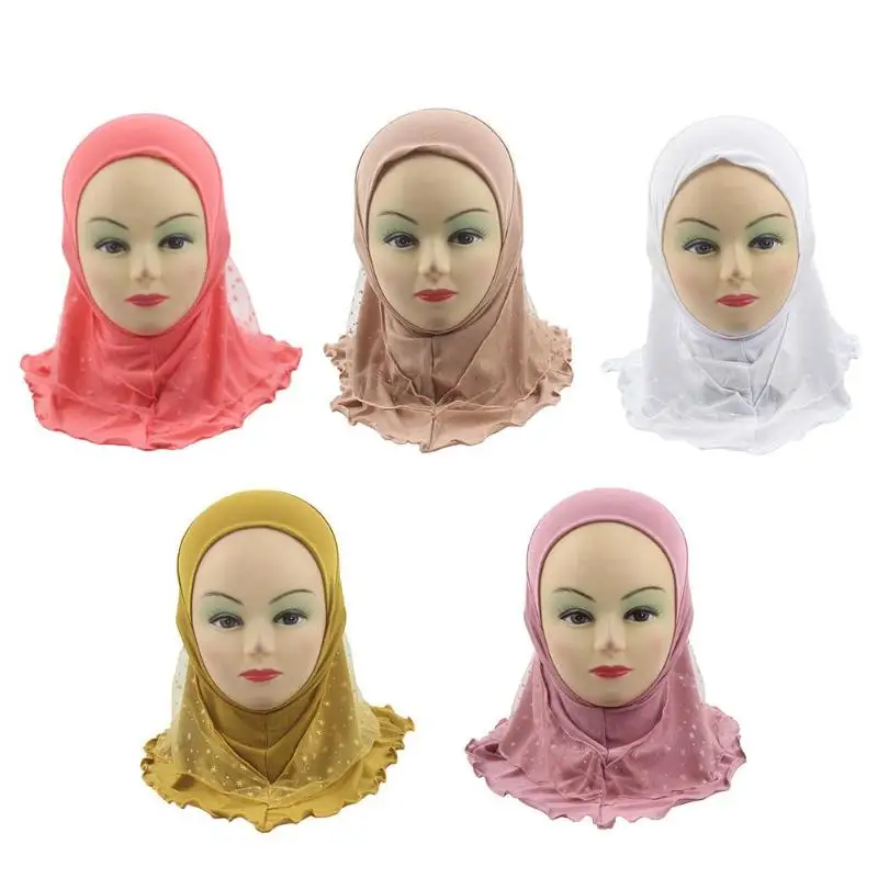 

2019 Muslim Kids Hijab Girl Caps Scarf Shawls with Solid Color about 46cm for 0-8 years old Girls Summer Islamic Scarf Shawls