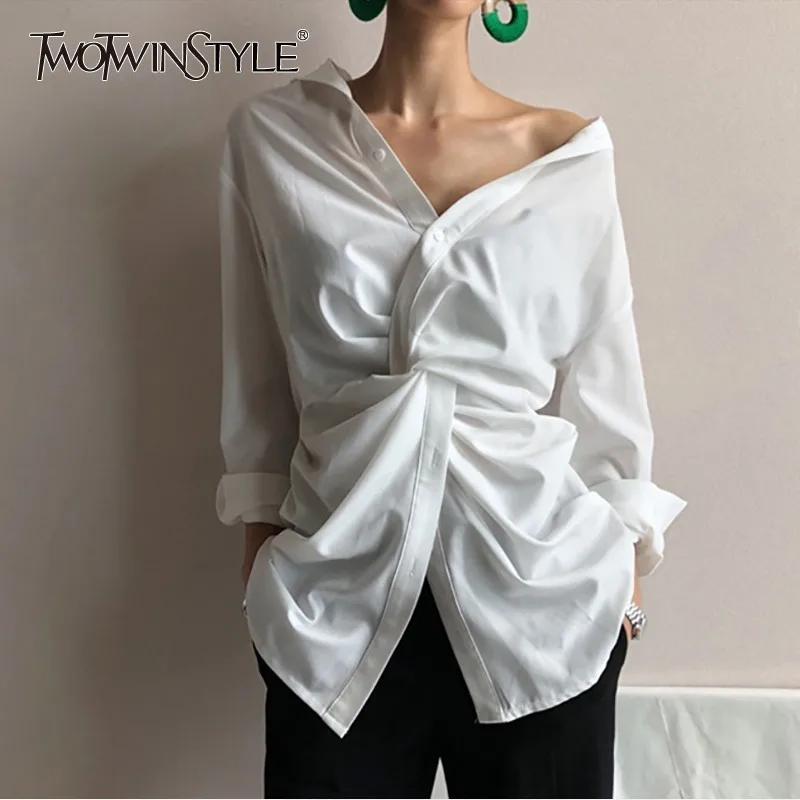 

TWOTWINSTYLE Casual White Women's Blouse Off Shoulder V Neck Waist Cross Long Sleeve Loose Korean Top Female Clothes Spring 2019