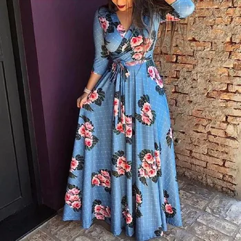

2019 Spring Wear Long Sleeve V Lead Printing High Waist Dress Longuette Woman