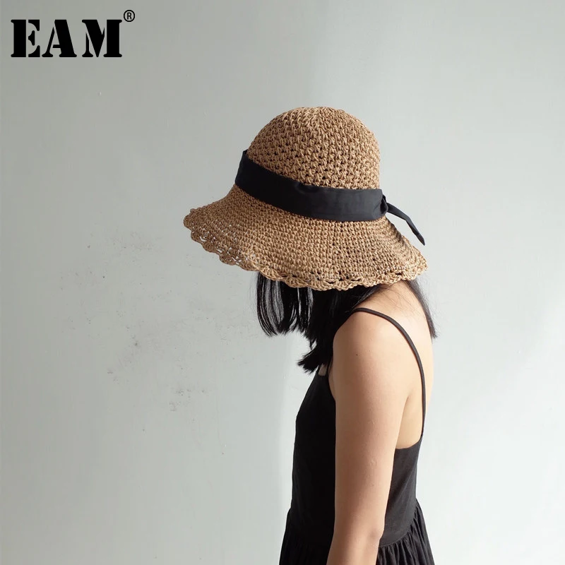 

[EAM] 2019 New Spring Summer Round Dome Temperament Straw Hit Color Bow Fishermen Hat Women Fashion Tide All-match JS720