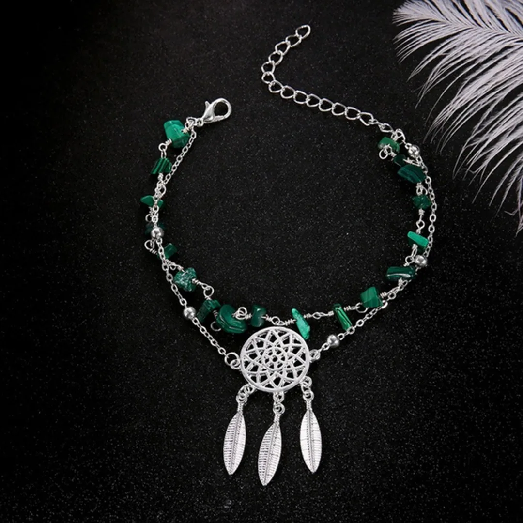 Браслет на ногу Boho из натурального зеленого камня с бусинами женский