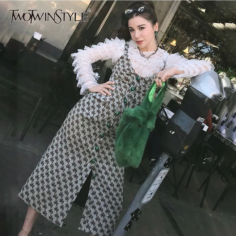 

TWOTWINSTYLE Two Piece Set Female O Neck Long Sleeve Perspective Tops Print Split Midi Strap Dress Womens Suits 2019 Spring New