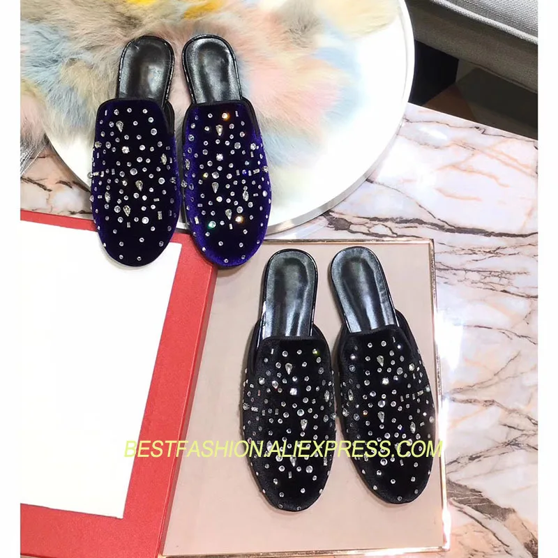 

Spring Summer Shoes Woman Casual Crystal Velvet Mules Flats Design Round Toe Lazy Flats Slip On Cozy Woman Flats Shoes T