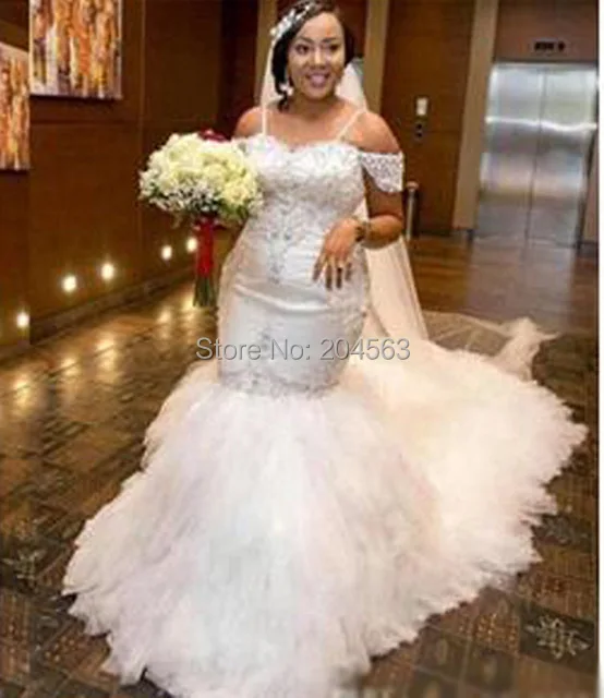 

2019 Mermaid Afrian Wedding Dresses New Designer Organza Bridal Gowns with Ruffle Skirt Sexy Vestidos