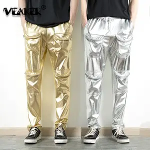 fartey Reflective Pants Men Hip Hop Trousers Casual Gold Print Metallic  Jogger Sweatpants Drawstring Sequin Shiny Pant 