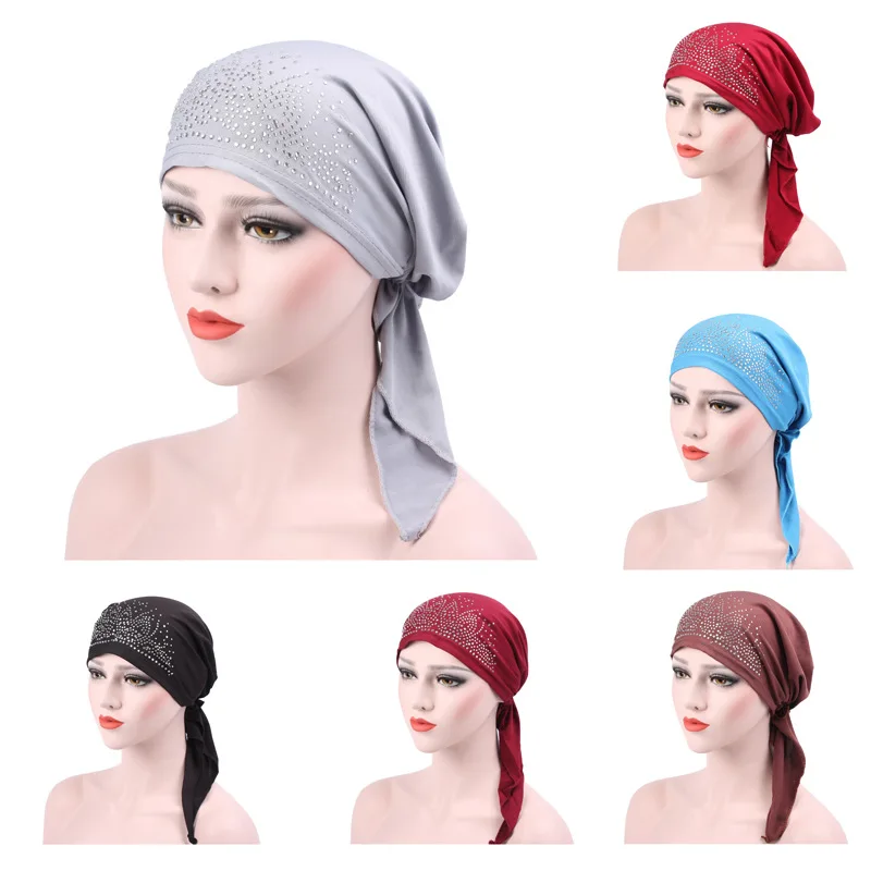 

2019 Fashion Hijab Women Lady Muslim Hijab Islamic Jersey Hot Drilling Cap Inner Underscarf Headwear Hats Gift Free Shipping