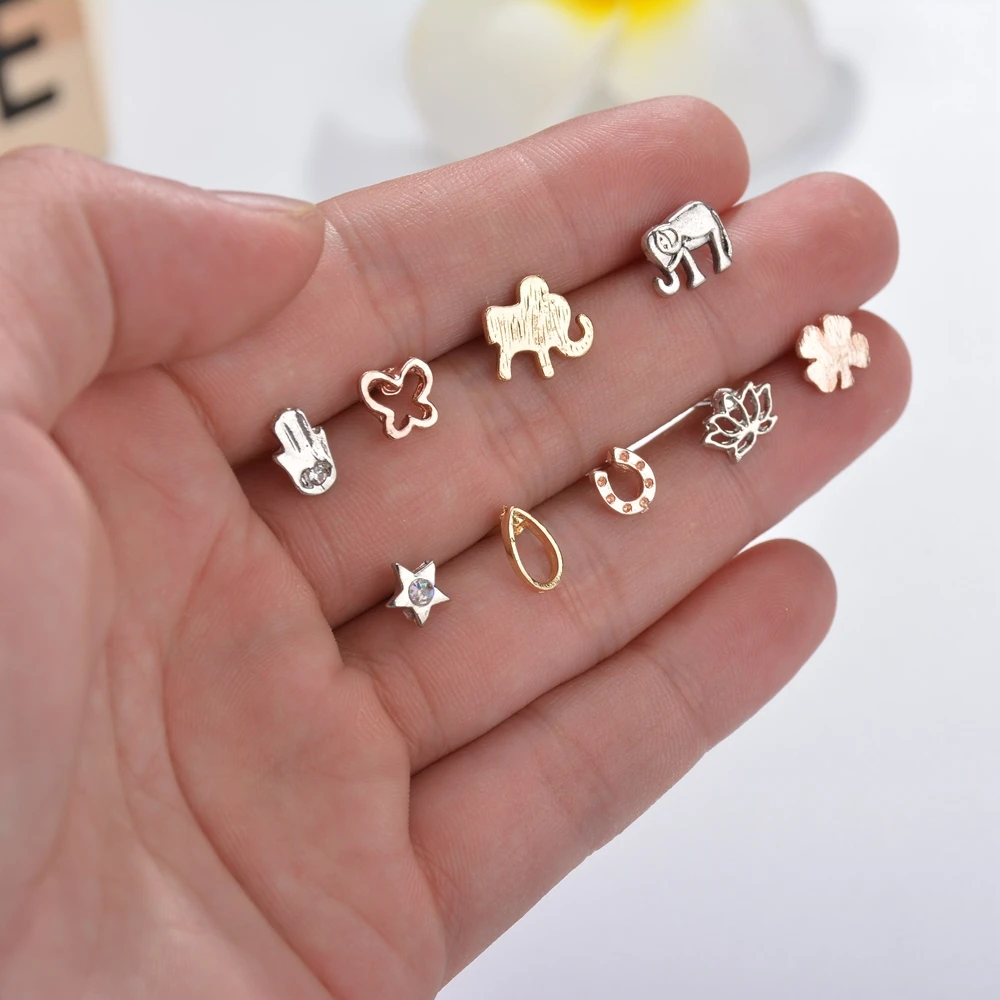 

100% Environmental 12 Pairs/set Mini Gold Rose Gold Silver Classic Fatima Hand Elephant Peace Love Earrings Set For Women