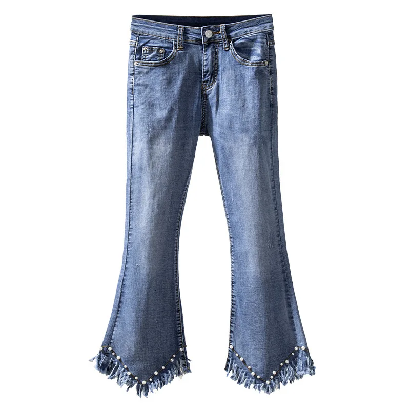 

Bead Pearl Jeans Women High Waist Flare Jeans Boot Cut Stretch Denim Pants Bell Bottom Jeans For Women Mom Casual Slim Jeans