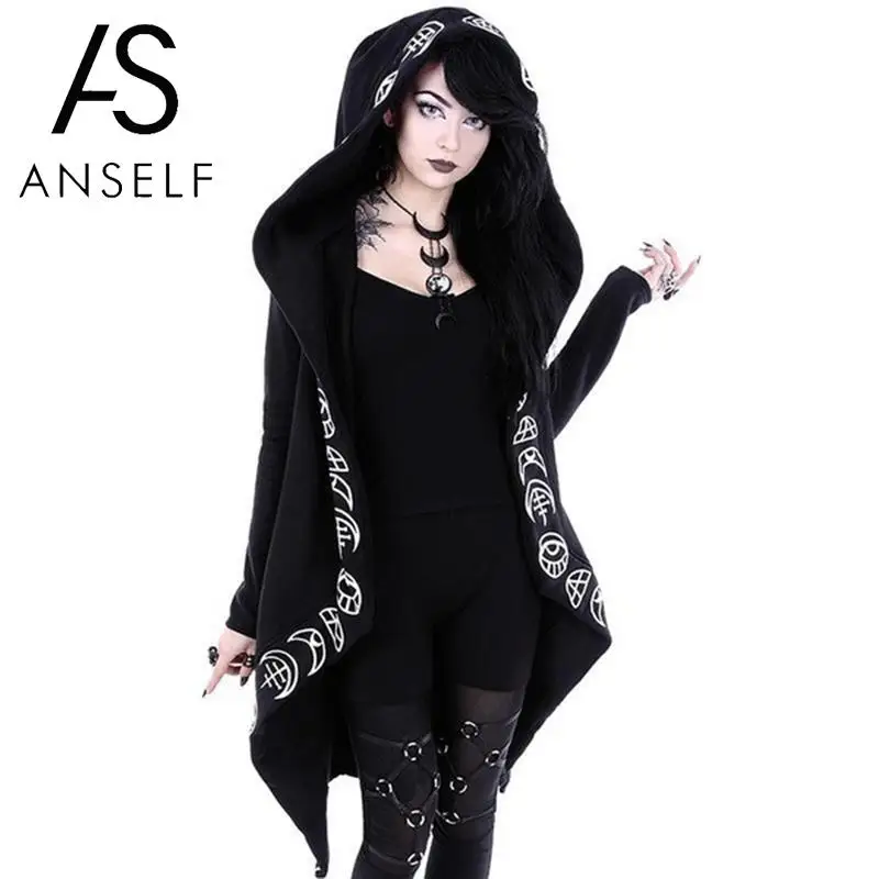 

2019 Fashion Hoodies Women Gothic Chic Hooded Sweatshirt Plus Size Cotton Loose Moon Plain Print Punk Hoodie Irregular overcoat