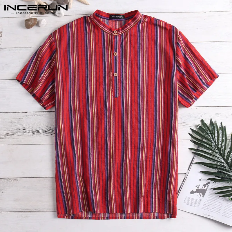 العرقية الذكور قمم الرجال عارضة قمصان قصيرة الأكمام طاقم الرقبة فضفاض الوقوف الياقة الافندي عطلة Camisa الغمد قميص نيبال