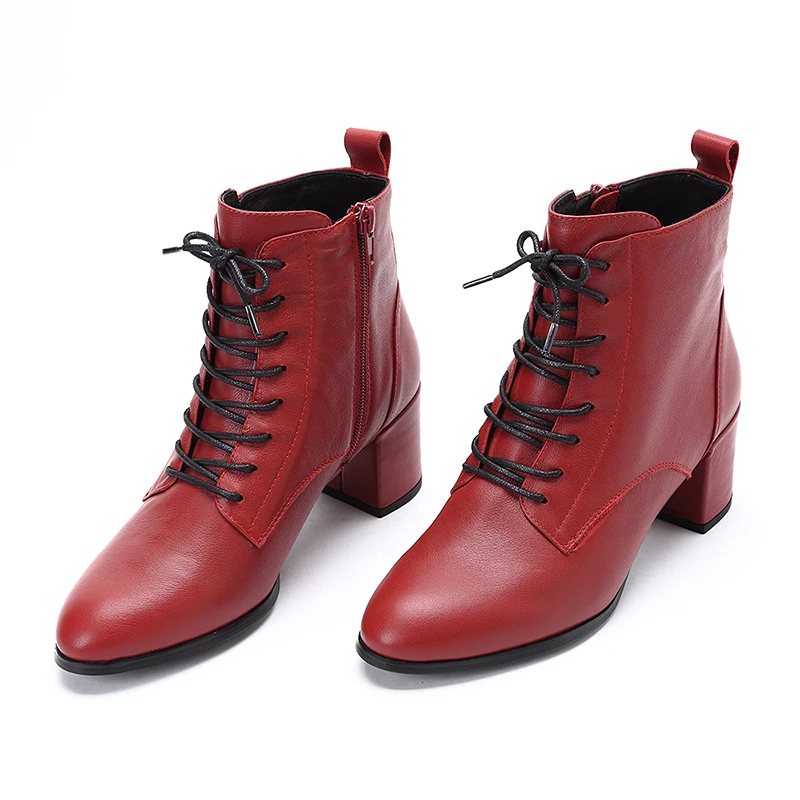 

2018 Hot Women Motorcycle Ankle Boots Wedges Female Lace Up Platforms Autumn Winter Leather Med heels Red Shoes